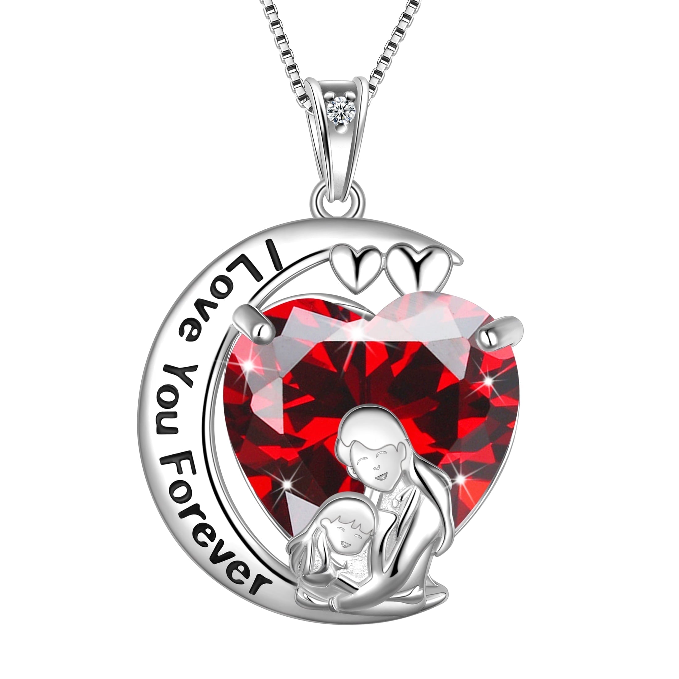 Moon Love Heart Mother Daughter Necklace 925 Sterling Silver Garnet January Birthstone Pendant Jewelry Women Birthday Christmas Mother's Day Gift - Aurora Tears