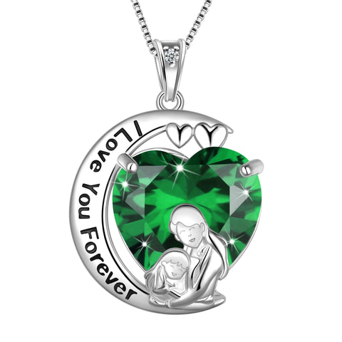 Moon Heart Mother Daughter Necklace 925 Sterling Silver Green Emerald May Birthstone Pendant Jewelry Women Mom Christmas Birthday Mother's Day Gift - Aurora Tears