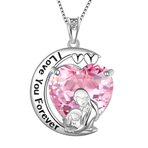 Moon Heart Mother Daughter Necklace 925 Sterling Silver Pink Tourmaline October Birthstone Pendant Jewelry Women Birthday Christmas Mother Day Gift Idea - Aurora Tears