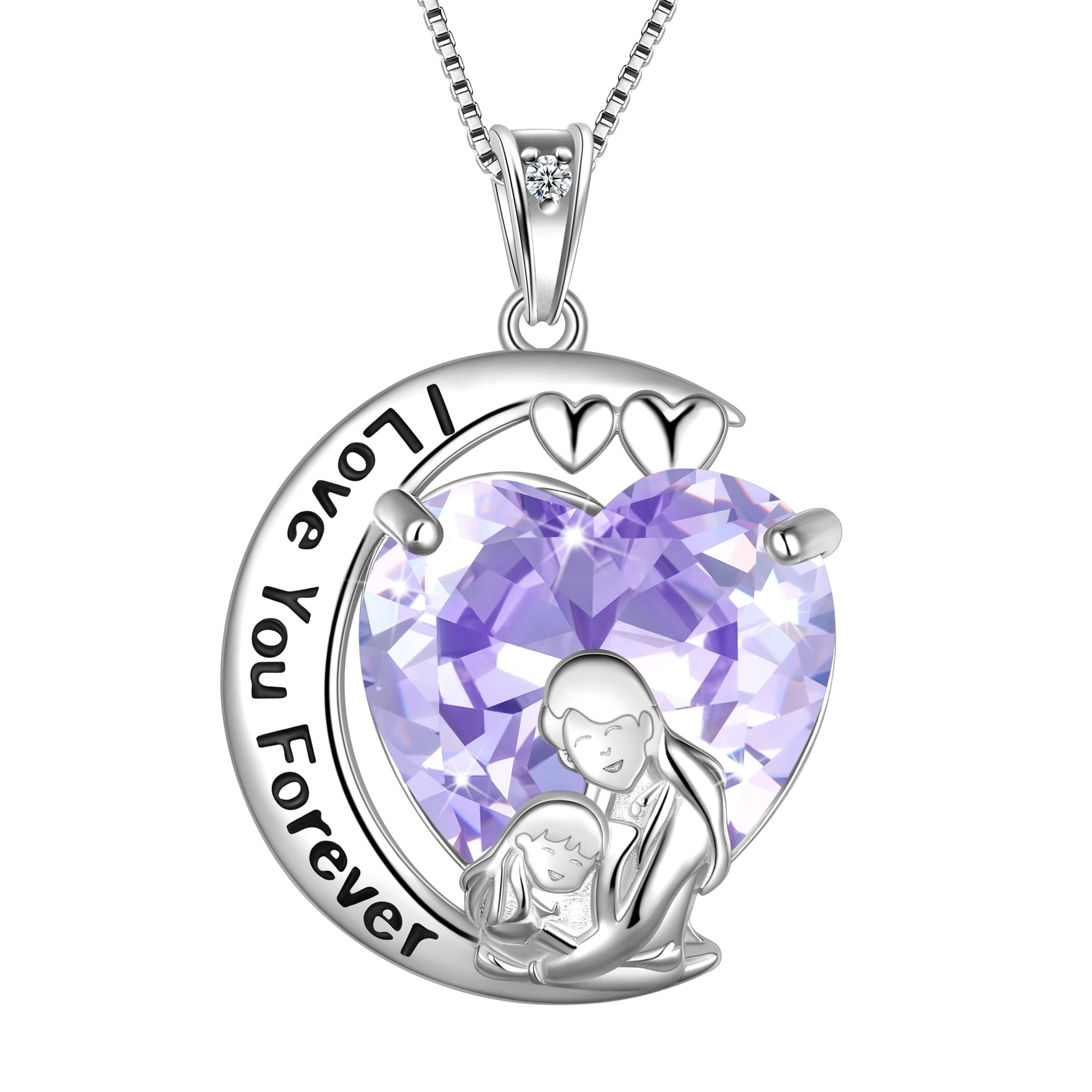 Moon Heart Mother Daughter Necklace 925 Sterling Silver Purple Alexandrite June Birthstone Pendant Jewelry Women Mom Christmas Mother's Day Gift - Aurora Tears