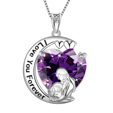 Moon Heart Mother Daughter Necklace 925 Sterling Silver Purple Amethyst February Birthstone Pendant Jewelry Women Birthday Xmas Mother's Day Gift - Aurora Tears