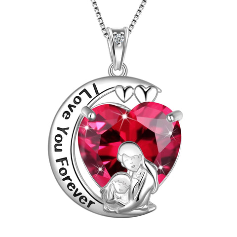 Moon Heart Mother Daughter Necklace 925 Sterling Silver Red Ruby July Birthstone Pendant Jewelry Women Birthday Christmas Mother's Day Gift for Mom - Aurora Tears
