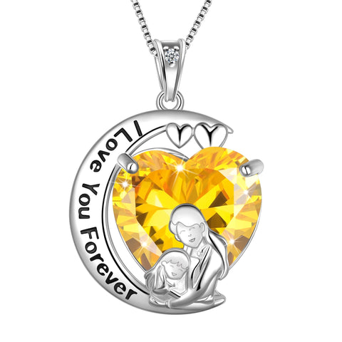 Moon Love Heart Mother and Daughter Necklace 925 Sterling Silver Yellow Citrine November Birthstone Pendant Jewelry Women Mom Christmas Birthday Gift for Daughter - Aurora Tears