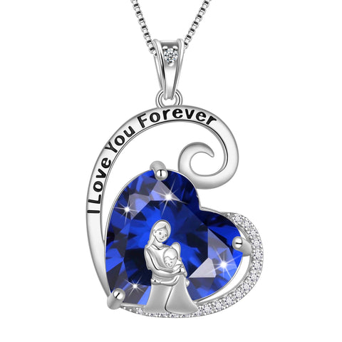 Mother and Daughter Necklace 925 Sterling Silver Blue Heart Sapphire September Birthstone Pendant Jewelry Women Birthday Christmas Mothers Day Gift Idea - Aurora Tears