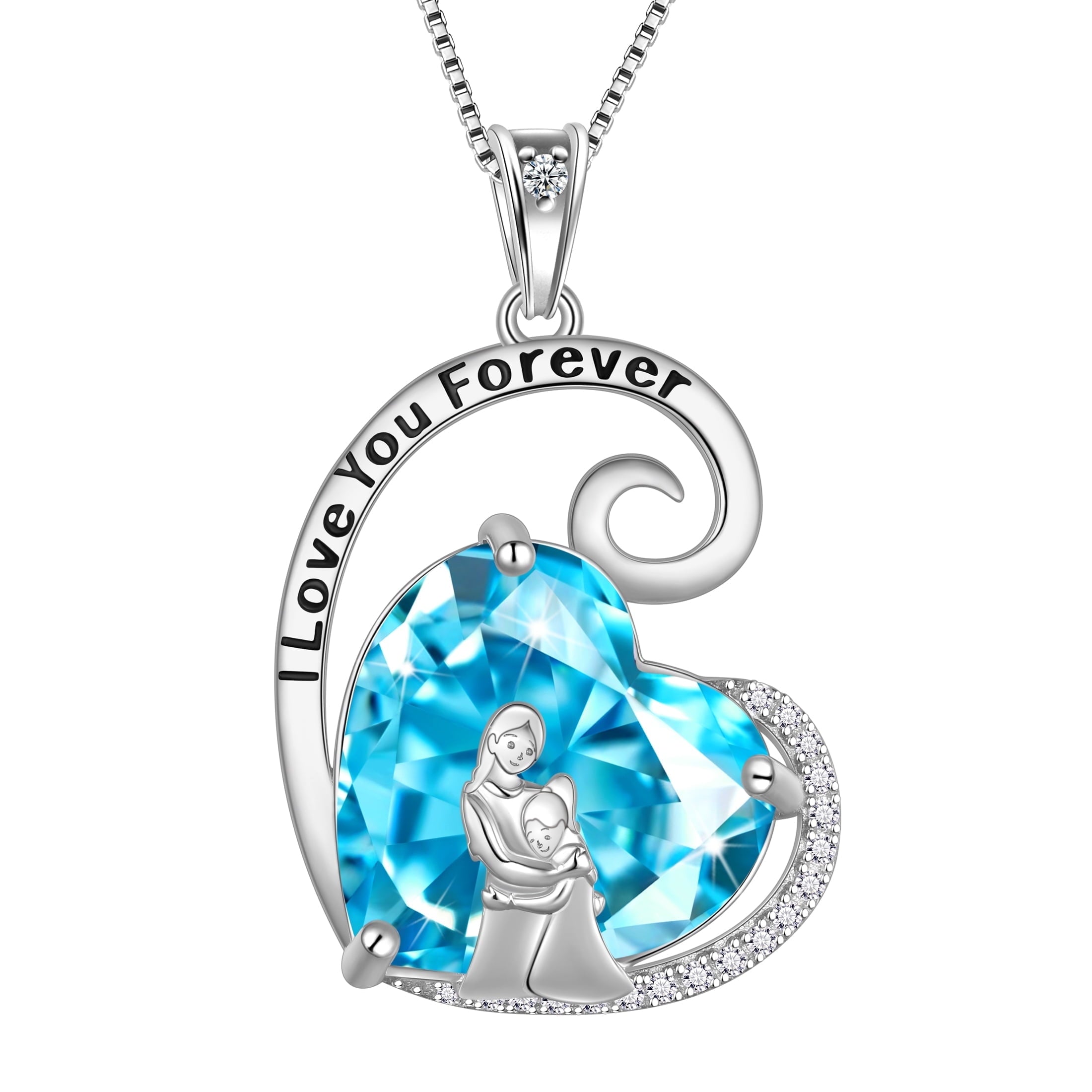 Mother Daughter Necklace 925 Sterling Silver Blue Love Heart Aquamarine March Birthstone Pendant Jewelry Women Christmas Birthday Mother's Day Gift - Aurora Tears