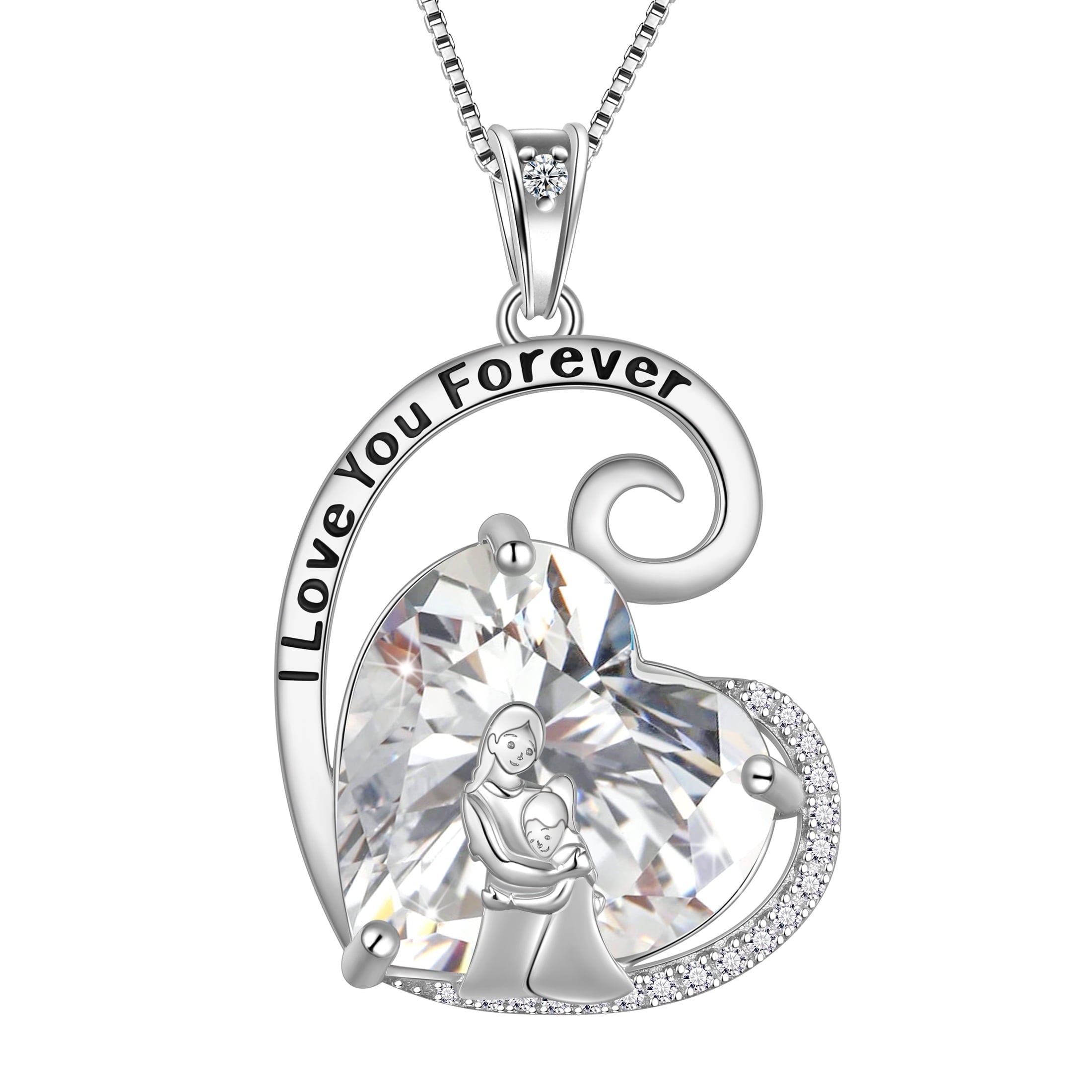 Mother Daughter Necklace 925 Sterling Silver Love Heart Diamond April Birthstone Pendant Jewelry Mom Women Christmas Birthday Mother's Day Gift - Aurora Tears