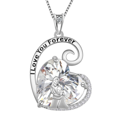 Mother Daughter Necklace 925 Sterling Silver Love Heart Diamond April Birthstone Pendant Jewelry Mom Women Christmas Birthday Mother's Day Gift - Aurora Tears