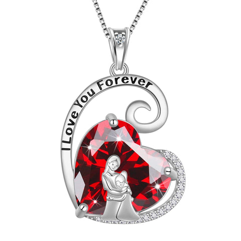 Mother Daughter Necklace 925 Sterling Silver Love Heart Garnet January Birthstone Pendant Jewelry Women Mom Birthday Christmas Mother's Day Gift - Aurora Tears