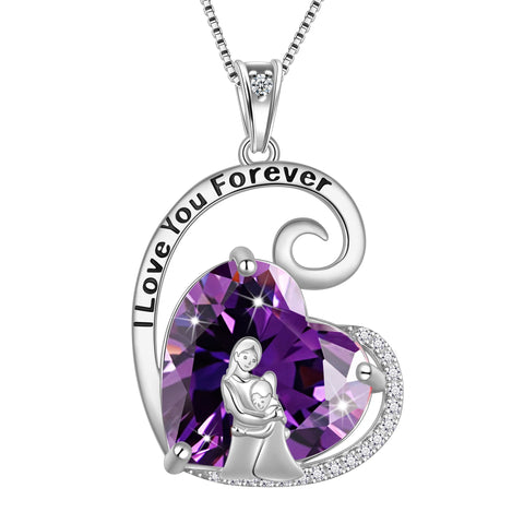 Mother Daughter Necklace 925 Sterling Silver Purple Heart Amethyst February Birthstone Pendant Jewelry Women Birthday Christmas Mother's Day Gift Idea - Aurora Tears