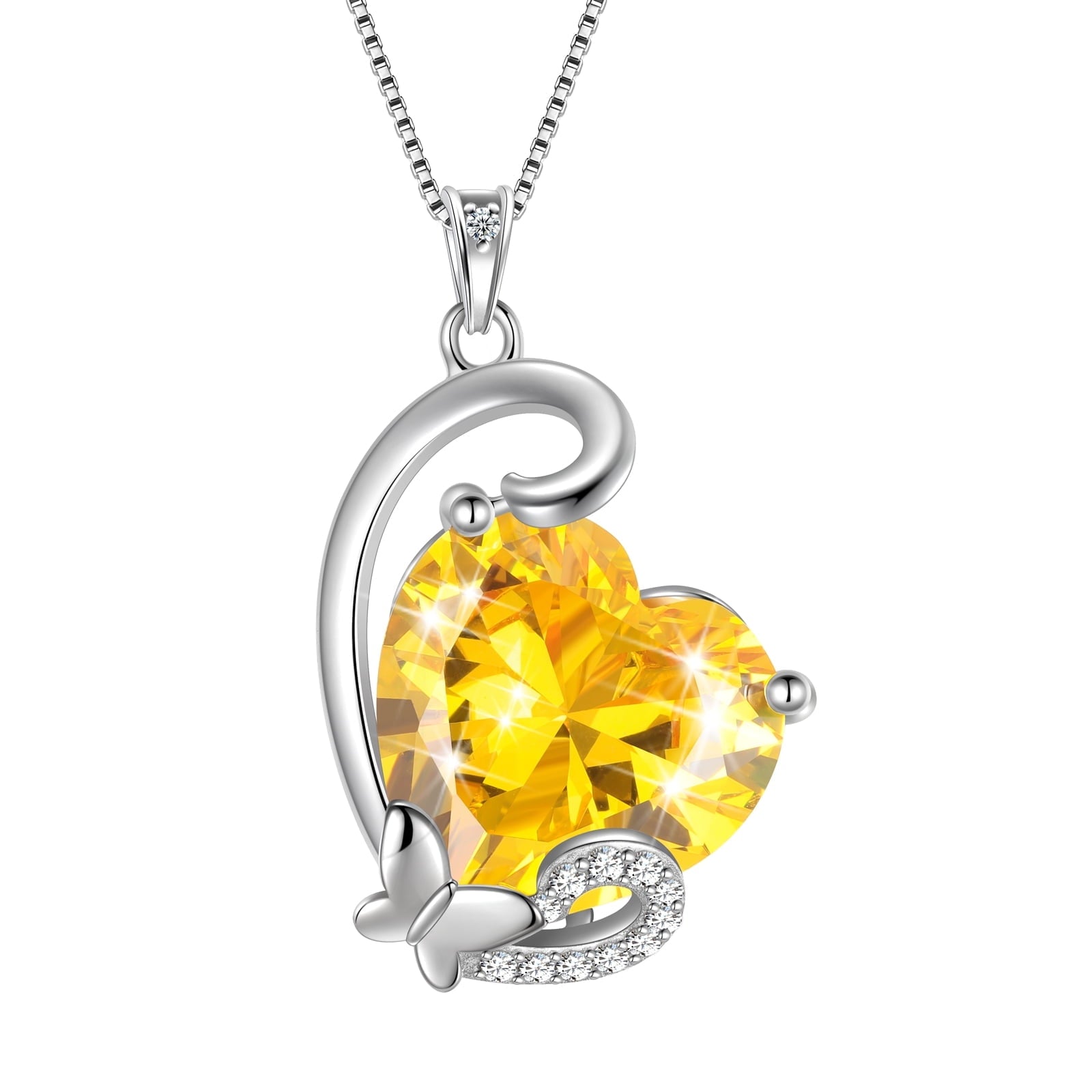November Birthstone Heart Necklace Butterfly Pendant Citrine Jewelry Yellow CZ 925 Sterling Silver Mother Christmas Birthday Gift for Women - Aurora Tears