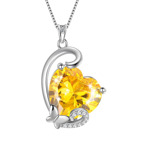November Birthstone Heart Necklace Butterfly Pendant Citrine Jewelry Yellow CZ 925 Sterling Silver Mother Christmas Birthday Gift for Women - Aurora Tears