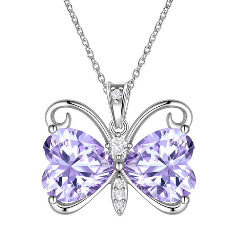 Women Purple Butterfly Necklace Heart June Birthstone Necklace Alexandrite CZ Silver Plated Pendant Jewelry Birthday Mother's Day Gift for Mom - Aurora Tears