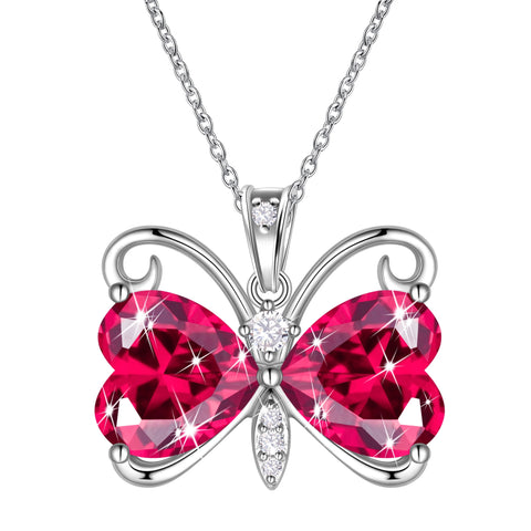 Women Red Butterfly Necklace Heart July Birthstone Necklace Ruby Crystal Silver Plated Pendant Jewelry Wife Wedding Birthday Mother's Day Gift - Aurora Tears