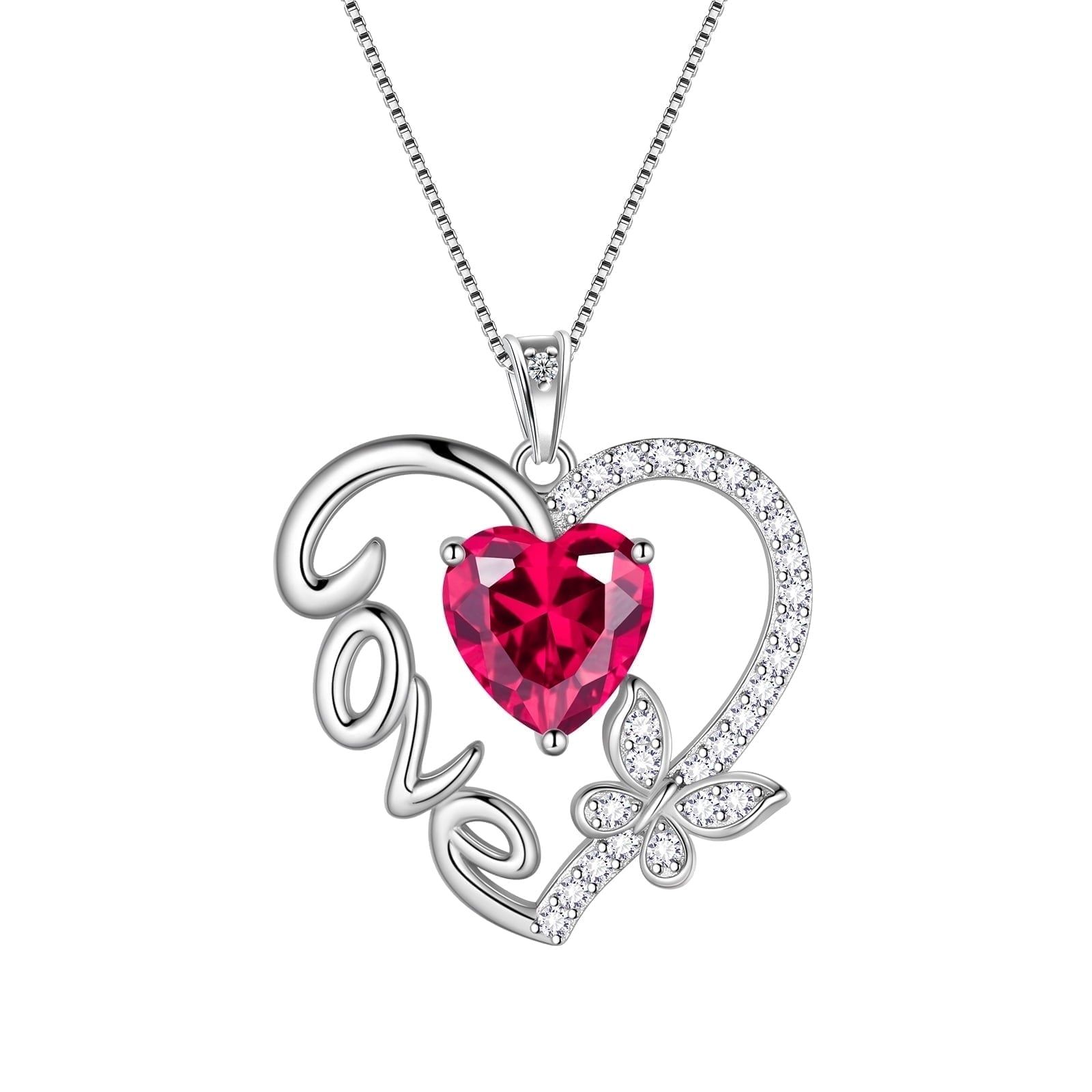 Women Red Love Heart Necklace Butterfly July Birthstone Necklace Ruby 925 Sterling Silver Pendant Jewelry Mother Birthday Valentine's Day Gift for Her - Aurora Tears