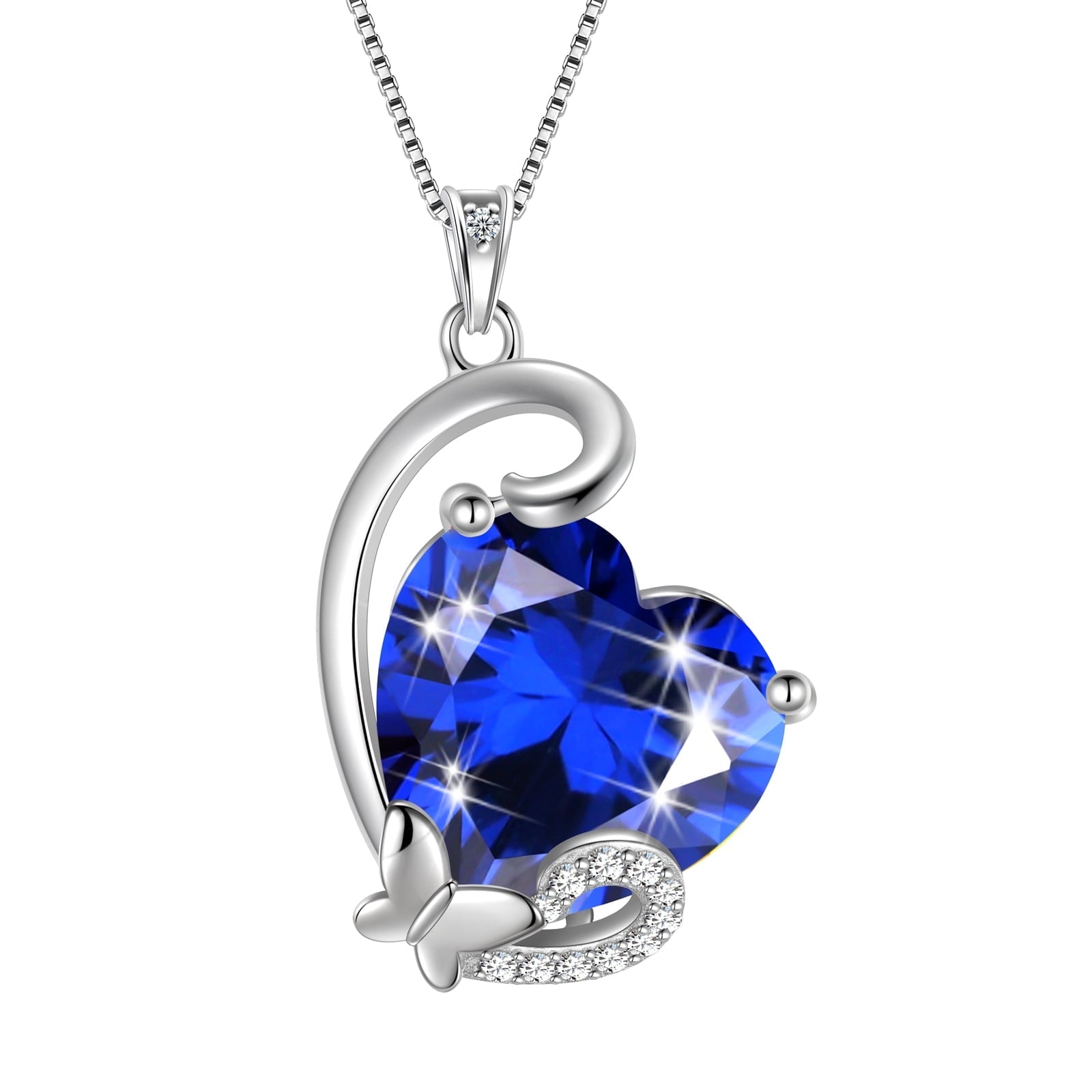 September Birthstone Heart Necklace Butterfly Pendant Blue Sapphire Jewelry 925 Sterling Silver Necklace Christmas Birthday Mother's Day Gift for Women - Aurora Tears