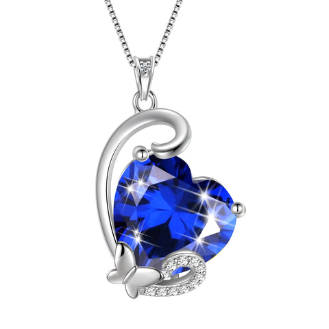 September Birthstone Heart Necklace Butterfly Pendant Blue Sapphire Jewelry 925 Sterling Silver Necklace Christmas Birthday Mother's Day Gift for Women - Aurora Tears