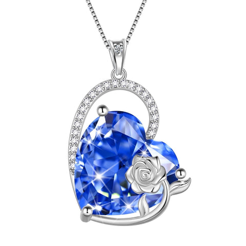 925 Sterling Silver 15MM Heart Necklace Women December Birthstone Tanzanite Blue Jewelry Rose Flower Pendant Christmas Birthday Valentines Gifts for Her - Aurora Tears