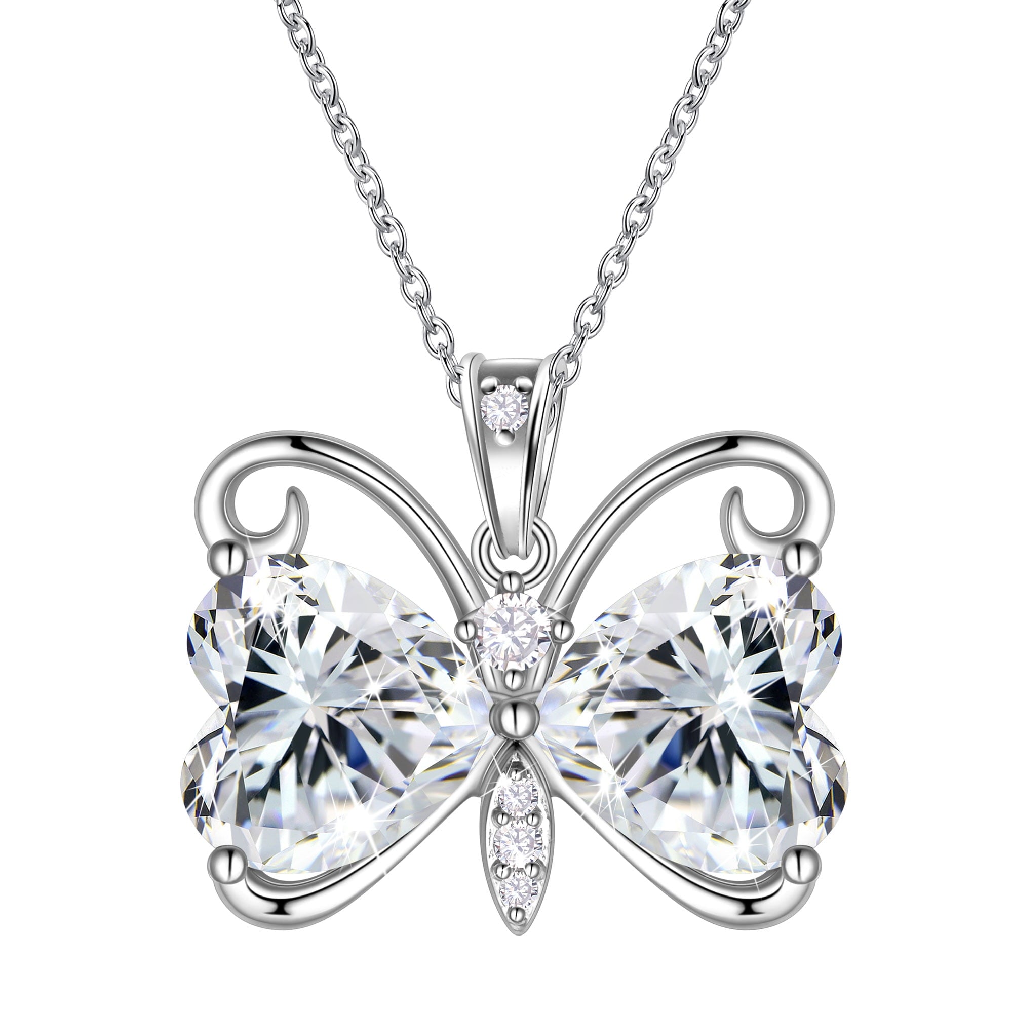 Women White Butterfly Necklace Heart April Birthstone Necklace Diamond Crystal Pendant Charm Jewelry Wife Mother Birthday Valentine's Day Gift - Aurora Tears