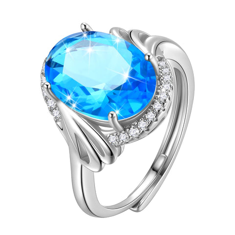 Women 8Ct Blue Aquamarine Ring 925 Sterling Silver Halo Oval March Birthstone Ring Jewelry Mom Birthday Christmas Mother's Day Gift - Aurora Tears