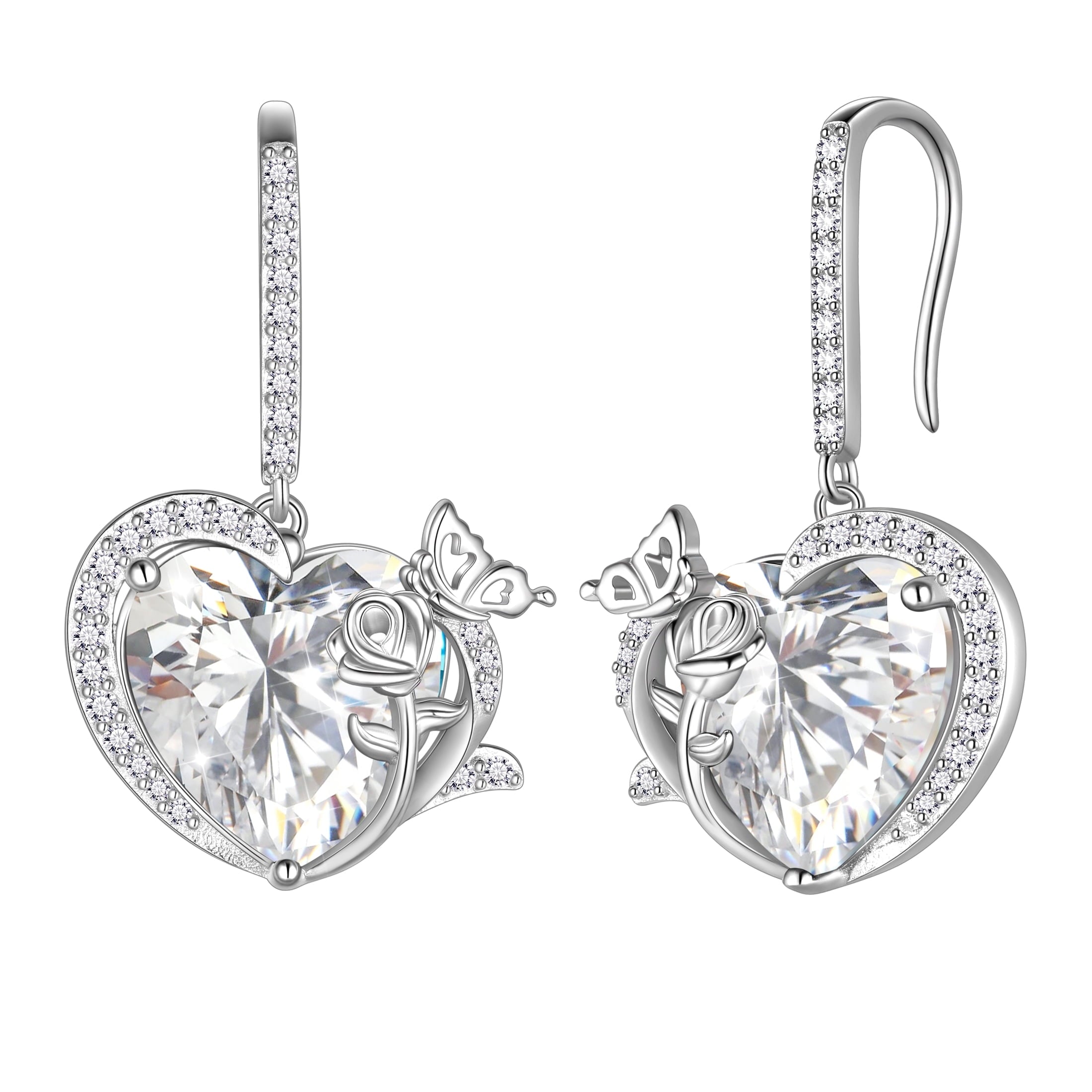 Women April Birthstone Drop Earrings Heart Diamond CZ Wedding Bridal Jewelry Butterfly Rose Flower 925 Sterling Silver Hook Mother Birthday Gift - Aurora Tears
