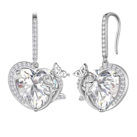 Women April Birthstone Drop Earrings Heart Diamond CZ Wedding Bridal Jewelry Butterfly Rose Flower 925 Sterling Silver Hook Mother Birthday Gift - Aurora Tears