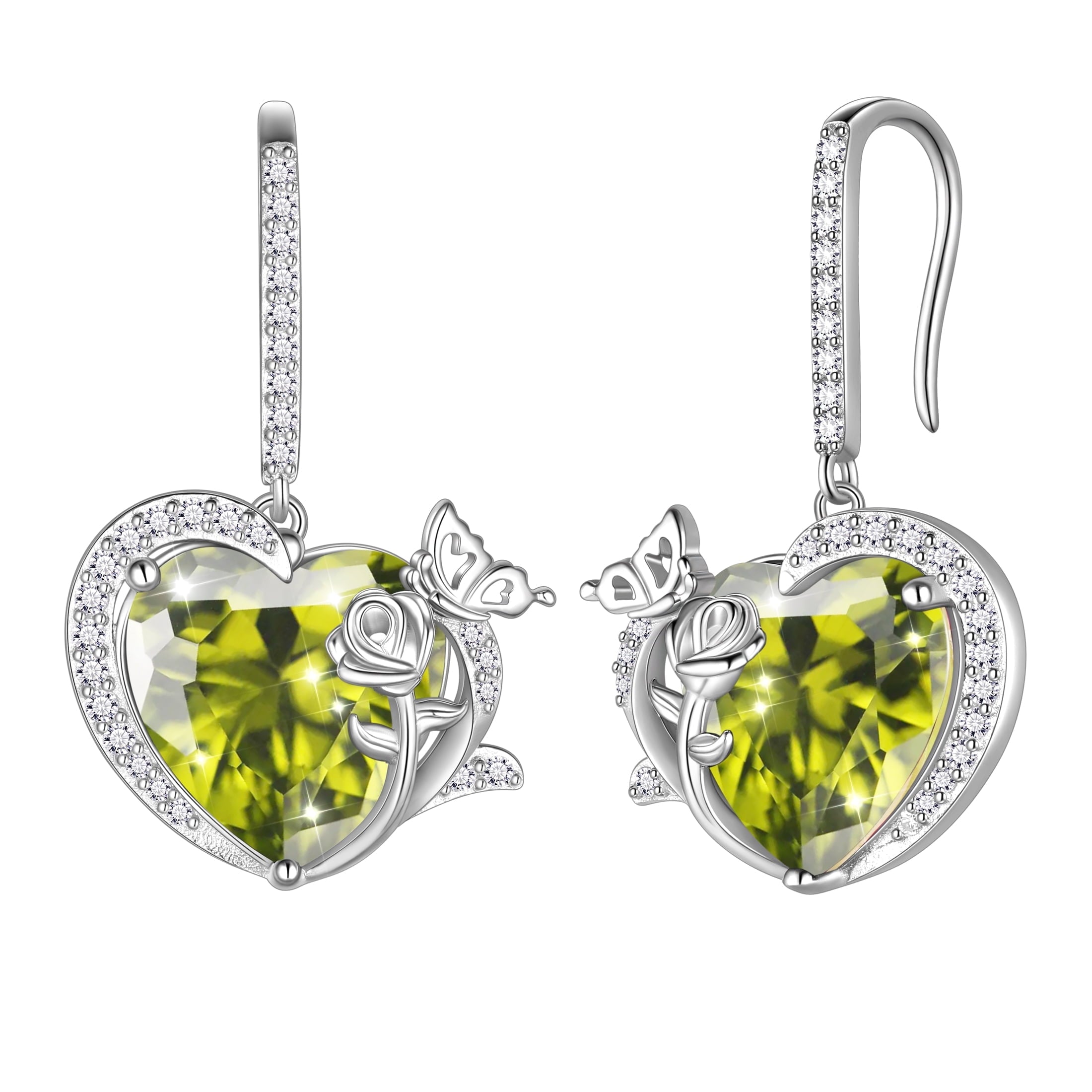 Women August Birthstone Drop Earrings Heart Peridot Butterfly Rose Jewelry Hook 925 Sterling Silver Earring Mother Valentine's Day Gifts - Aurora Tears