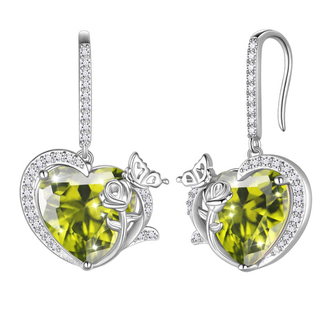 Women August Birthstone Drop Earrings Heart Peridot Butterfly Rose Jewelry Hook 925 Sterling Silver Earring Mother Valentine's Day Gifts - Aurora Tears