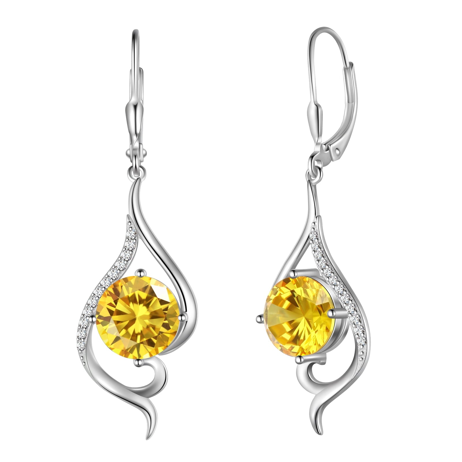 Women Dangle Earrings Citrine November Birthstone Sterling Silver Leverback Earrings Yellow CZ Tail Jewelry Christmas Valentine Birthday Mother's Day Gift for Her - Aurora Tears