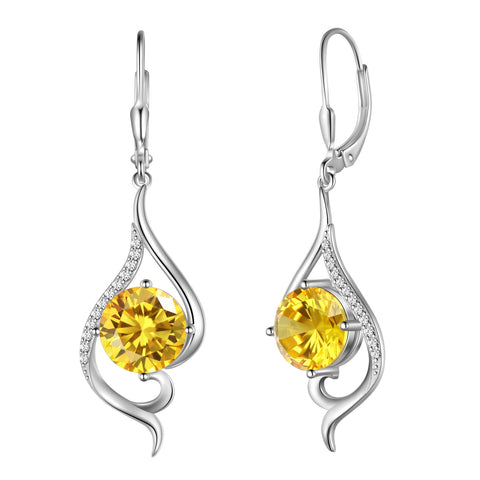 Women Dangle Earrings Citrine November Birthstone Sterling Silver Leverback Earrings Yellow CZ Tail Jewelry Christmas Valentine Birthday Mother's Day Gift for Her - Aurora Tears