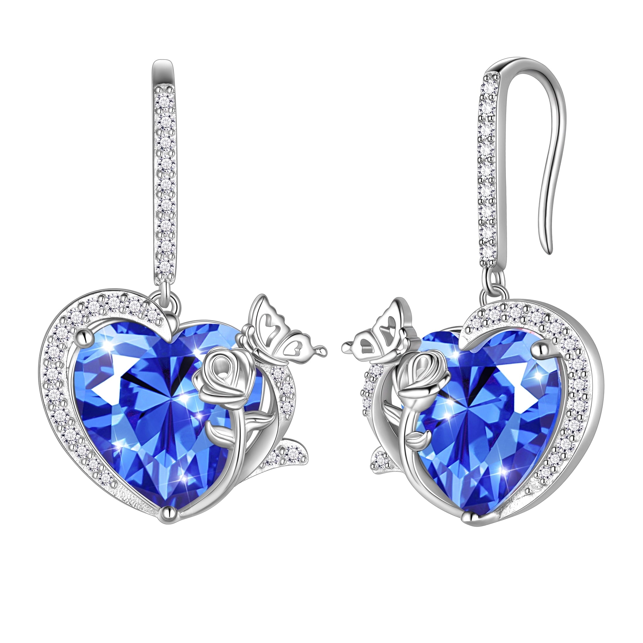 Women December Birthstone Drop Earrings Heart Tanzanite Blue Butterfly Rose Jewelry 925 Sterling Silver Hook Birthday Christmas Mother's Day Gift - Aurora Tears