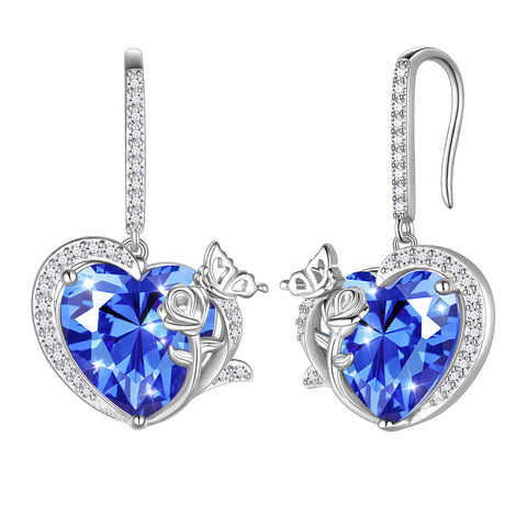 Women December Birthstone Drop Earrings Heart Tanzanite Blue Butterfly Rose Jewelry 925 Sterling Silver Hook Birthday Christmas Mother's Day Gift - Aurora Tears