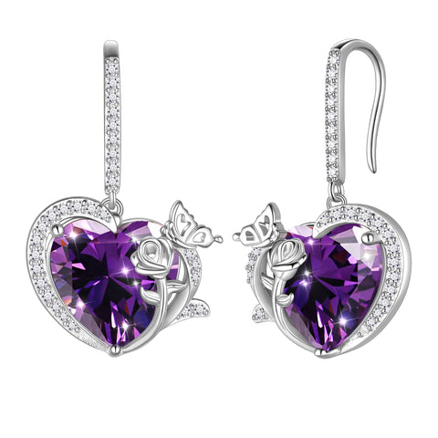 Women February Birthstone Drop Earrings Heart Amethyst Purple Butterfly Rose Jewelry Hook 925 Sterling Silver Earring Birthday Valentine's Day Gift - Aurora Tears