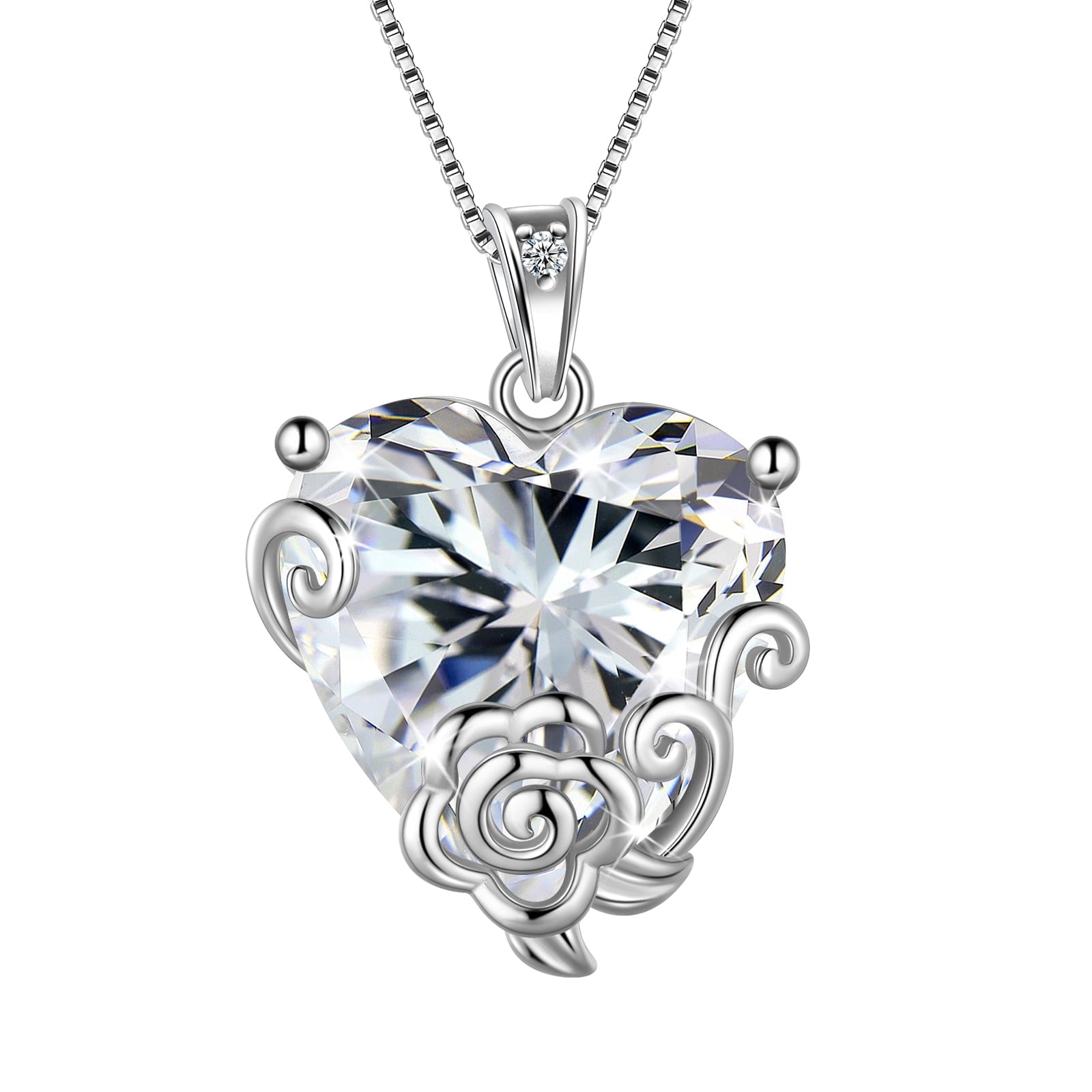 Women Heart Necklace April Birthstone Diamond Crystal Bridal Jewelry 925 Sterling Silver Rose Pendant Mom Birthday Valentine's Day Gift - Aurora Tears
