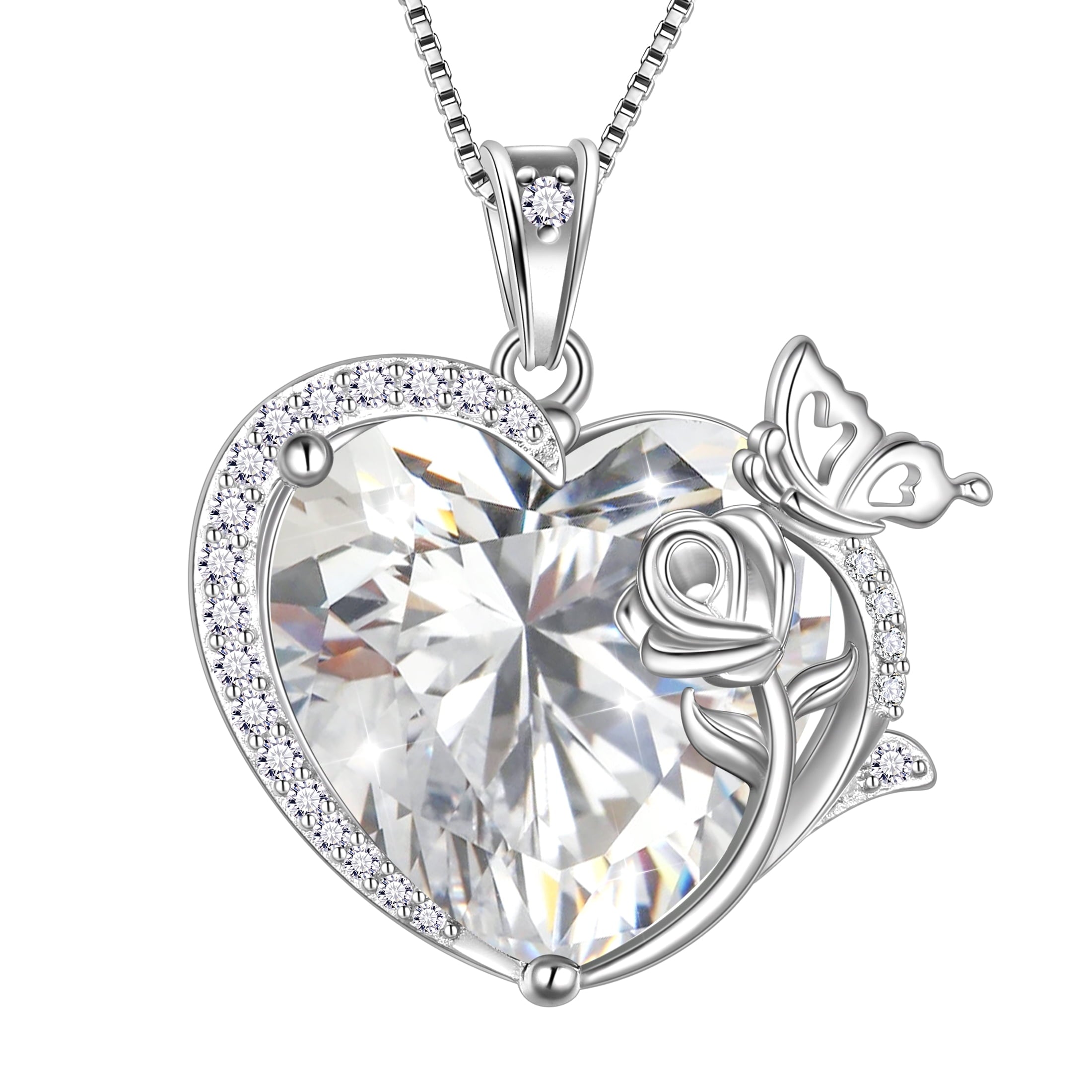 Women Heart Necklace Butterfly Rose Flower Pendant April Birthstone Diamond Crystal Wedding Bridal Jewelry 925 Sterling Silver Wife Mom Gift - Aurora Tears
