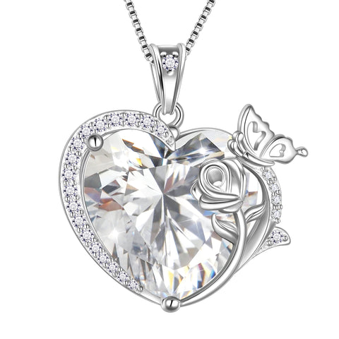 Women Heart Necklace Butterfly Rose Flower Pendant April Birthstone Diamond Crystal Wedding Bridal Jewelry 925 Sterling Silver Wife Mom Gift - Aurora Tears