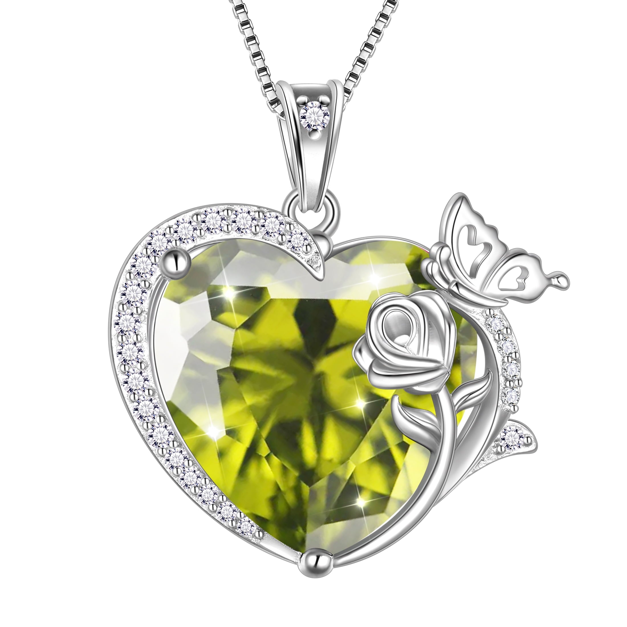 Women Heart Necklace Butterfly Rose Flower Pendant August Birthstone Peridot Jewelry 925 Sterling Silver Wife Mother Birthday Anniversary Gift - Aurora Tears