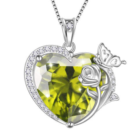 Women Heart Necklace Butterfly Rose Flower Pendant August Birthstone Peridot Jewelry 925 Sterling Silver Wife Mother Birthday Anniversary Gift - Aurora Tears