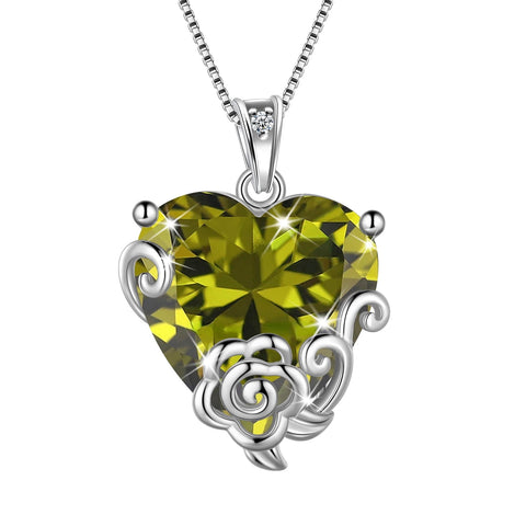 Women Heart Necklace August Birthstone Peridot Jewelry 925 Sterling Silver Flower Rose Pendant Mom Christmas Birthday Mother's Day Gift - Aurora Tears