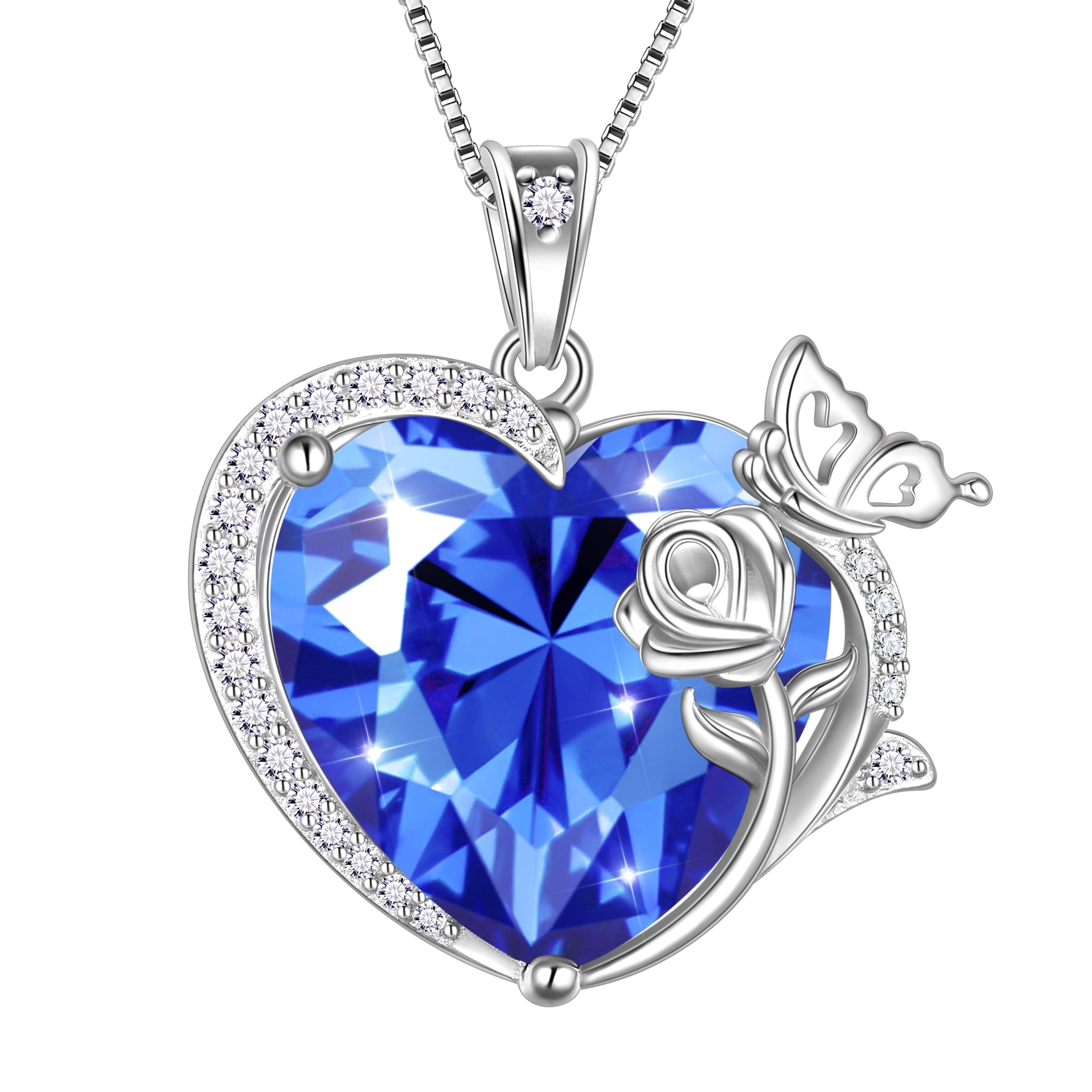 Women Heart Necklace Butterfly Rose Flower Pendant December Tanzanite Blue Jewelry 925 Sterling Silver Wife Mother Christmas Valentines Gifts - Aurora Tears