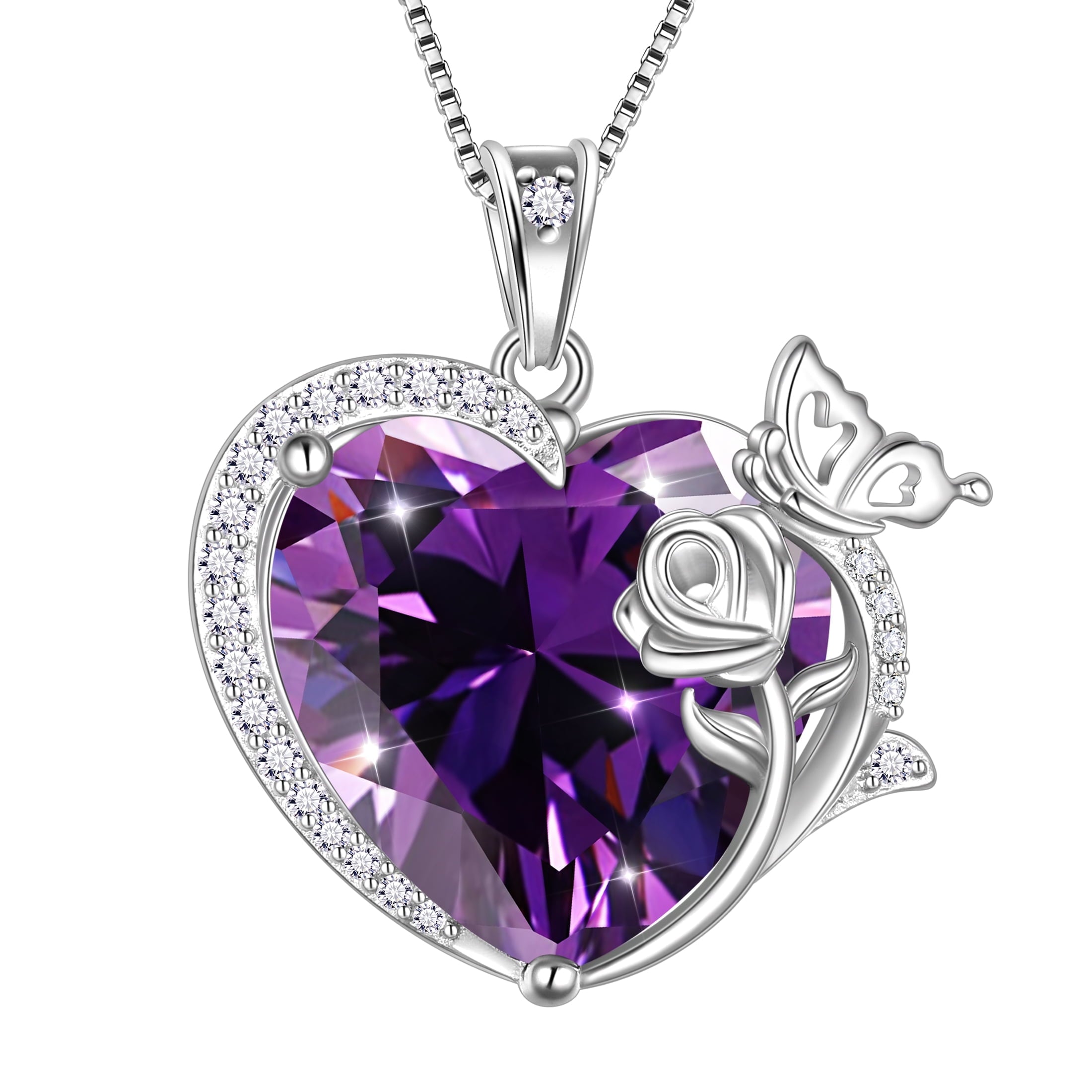 Women Heart Necklace Butterfly Rose Flower Pendant February Birthstone Amethyst Purple 925 Sterling Silver Jewelry Mom Valentine's Day Gifts - Aurora Tears
