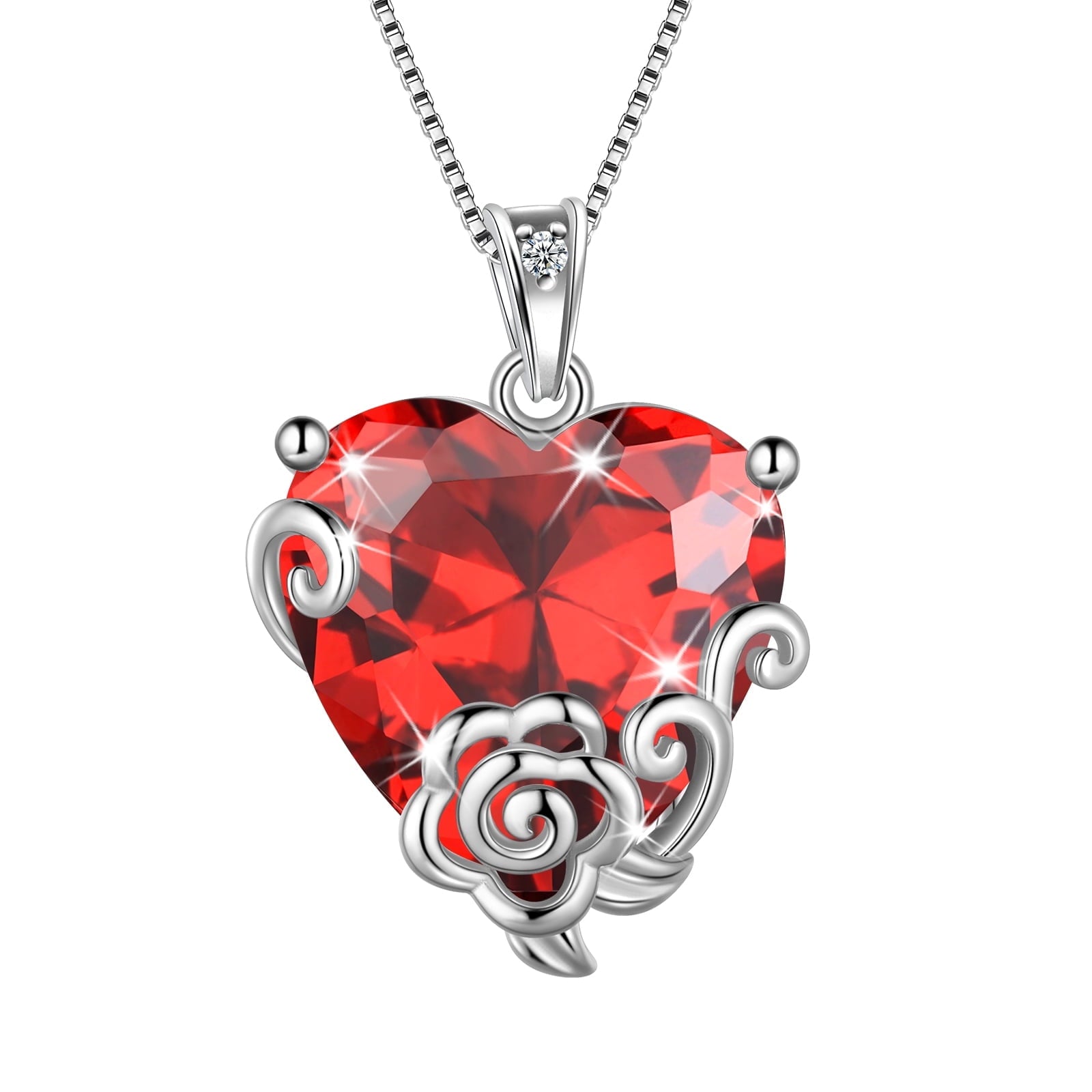 Women Heart Necklace January Birthstone Garnet Jewelry Red Flower Rose Pendant 925 Sterling Silver Mother Birthday Christmas Valentine's Day Gift - Aurora Tears