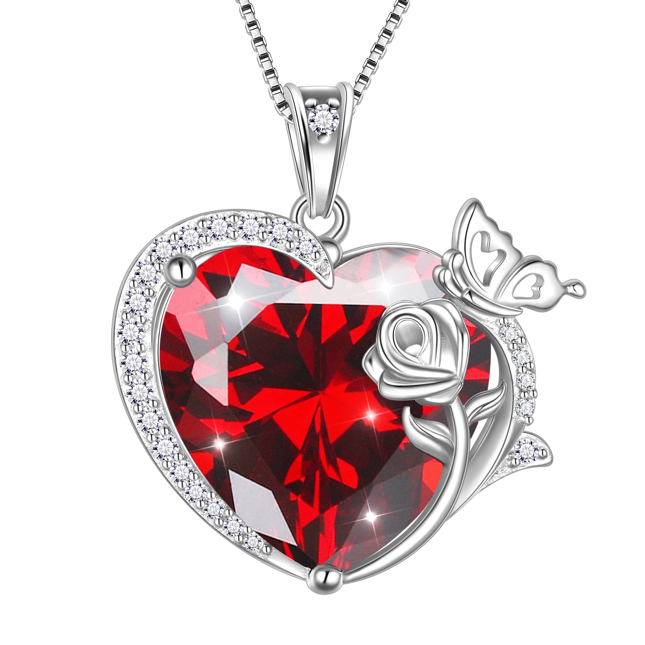 Women Heart Necklace Butterfly Rose Flower Pendant January Birthstone Garnet Red 925 Sterling Silver Jewelry Wife Mother Valentine's Day Gifts - Aurora Tears