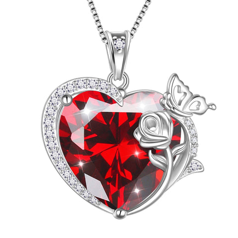 Women Heart Necklace Butterfly Rose Flower Pendant January Birthstone Garnet Red 925 Sterling Silver Jewelry Wife Mother Valentine's Day Gifts - Aurora Tears