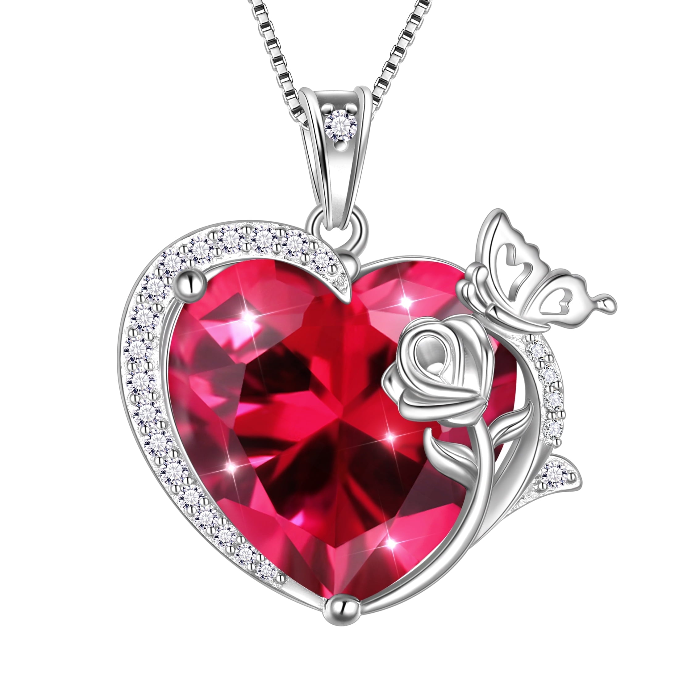 Women Heart Necklace Butterfly Rose Flower Pendant July Birthstone Ruby Jewelry 925 Sterling Silver Mother Wife Valentine's Day Gift - Aurora Tears