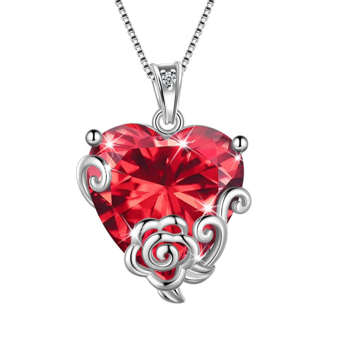 Women Heart Necklace July Birthstone Ruby Jewelry 925 Sterling Silver Red CZ Flower Rose Pendant Mother Birthday Valentine's Day Gifts - Aurora Tears