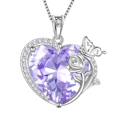 Women Heart Necklace Butterfly Rose Flower Pendant June Birthstone Alexandrite Crystal 925 Sterling Silver Jewelry Mother Wife Birthday Gift - Aurora Tears