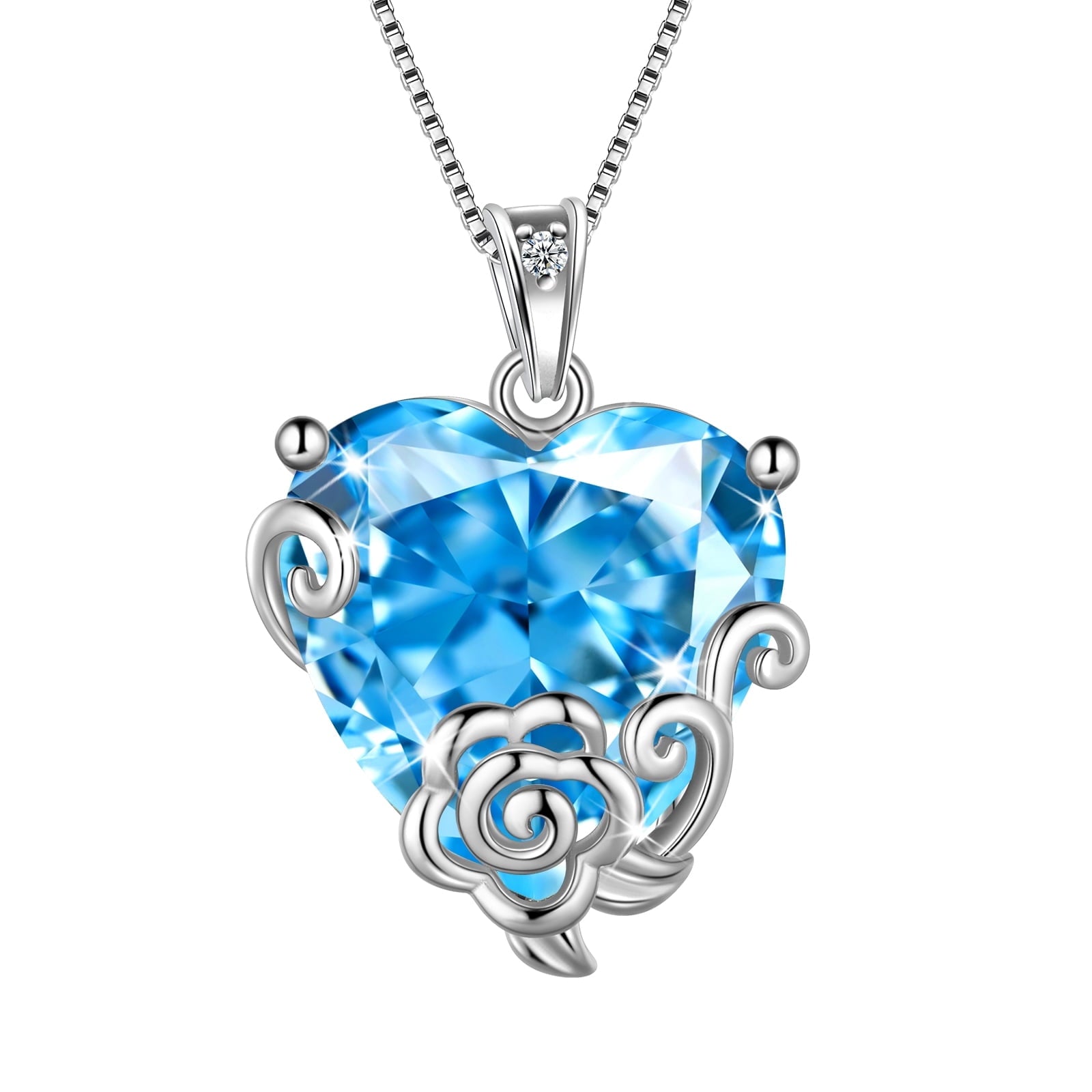 Women Heart Necklace March Birthstone Aquamarine Jewelry 925 Sterling Silver Blue Topaz Flower Pendant Mother Birthday Valentines Gift for Her - Aurora Tears