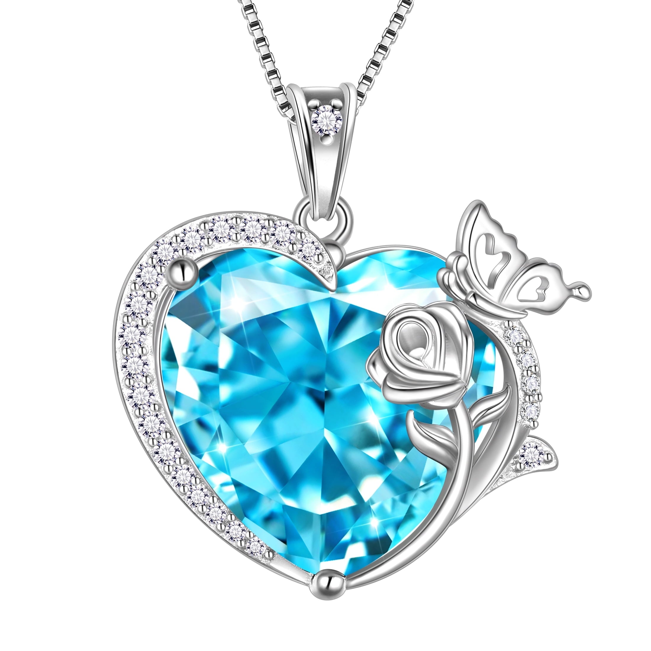 Women Heart Necklace Butterfly Rose Flower Pendant March Birthstone Aquamarine Blue Jewelry 925 Sterling Silver Wife Mother Birthday Gifts - Aurora Tears