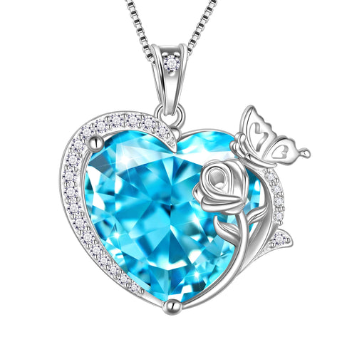 Women Heart Necklace Butterfly Rose Flower Pendant March Birthstone Aquamarine Blue Jewelry 925 Sterling Silver Wife Mother Birthday Gifts - Aurora Tears