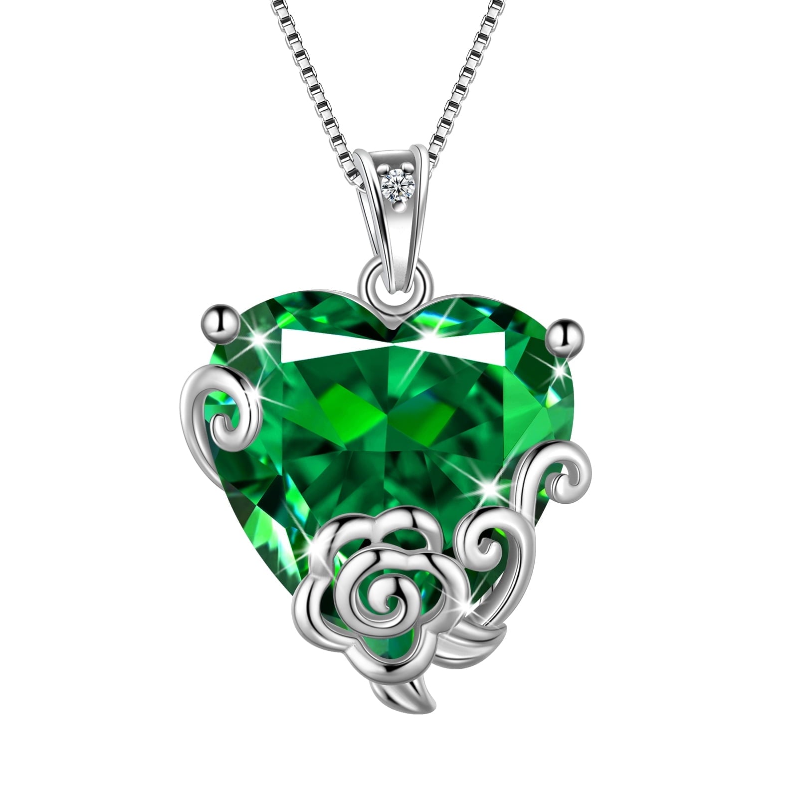 Women Heart Necklace May Birthstone Emerald Jewelry 925 Sterling Silver Green Rose Flower Pendant Mom Grandma Birthday Mother's Day Gift - Aurora Tears